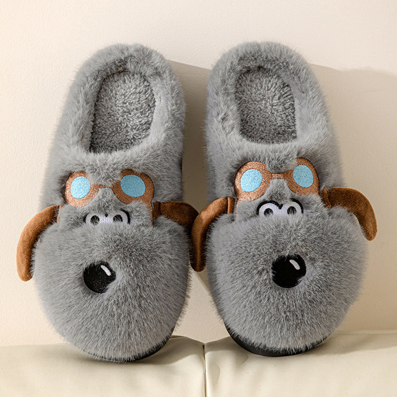 Cute Cartoon Dog Plush Slippers Winter Couple Indoor Warm Floor Home Slipper Non-slip Thick Bottom House Shoes