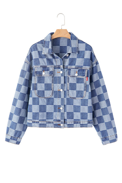 Black Checkered Patchwork Button up Denim Jacket