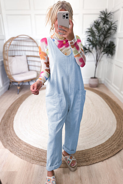 Beau Blue Adjustable Strap V Neck Pocketed Denim Overalls