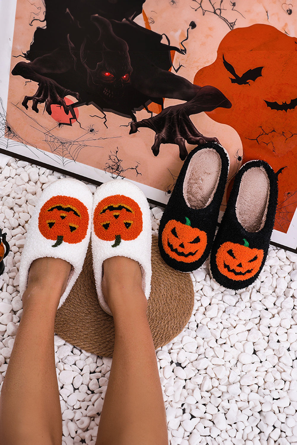 White Halloween Pumpkin Print Plush Slippers (Runs Small, Size Up)