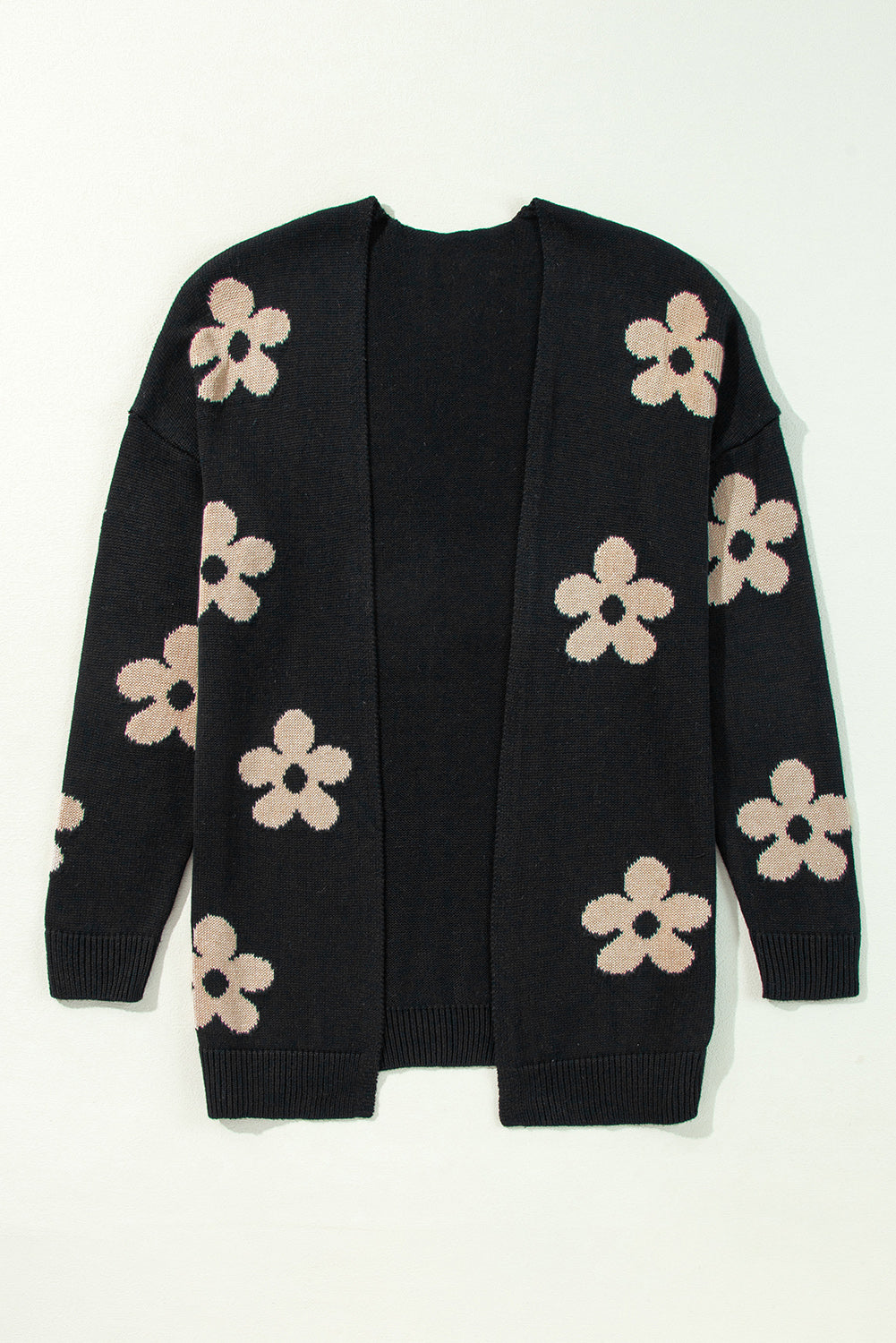 Pink Floral Print Knitted Open Front Loose Cardigan