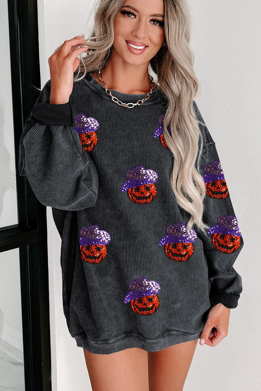 Black Sequined Halloween Pumpkin Ribbed Oversized Sweatshirt