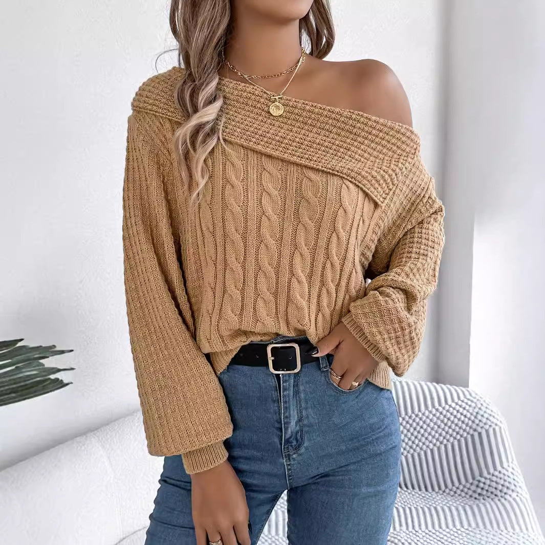 Lapel Off-the-shoulder Twist Long Sleeve Pullover