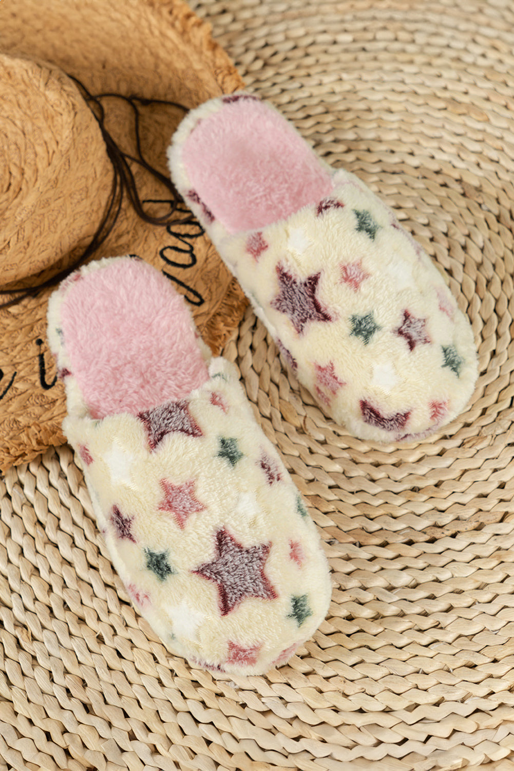 Pink Star Pattern Plush Home Slippers