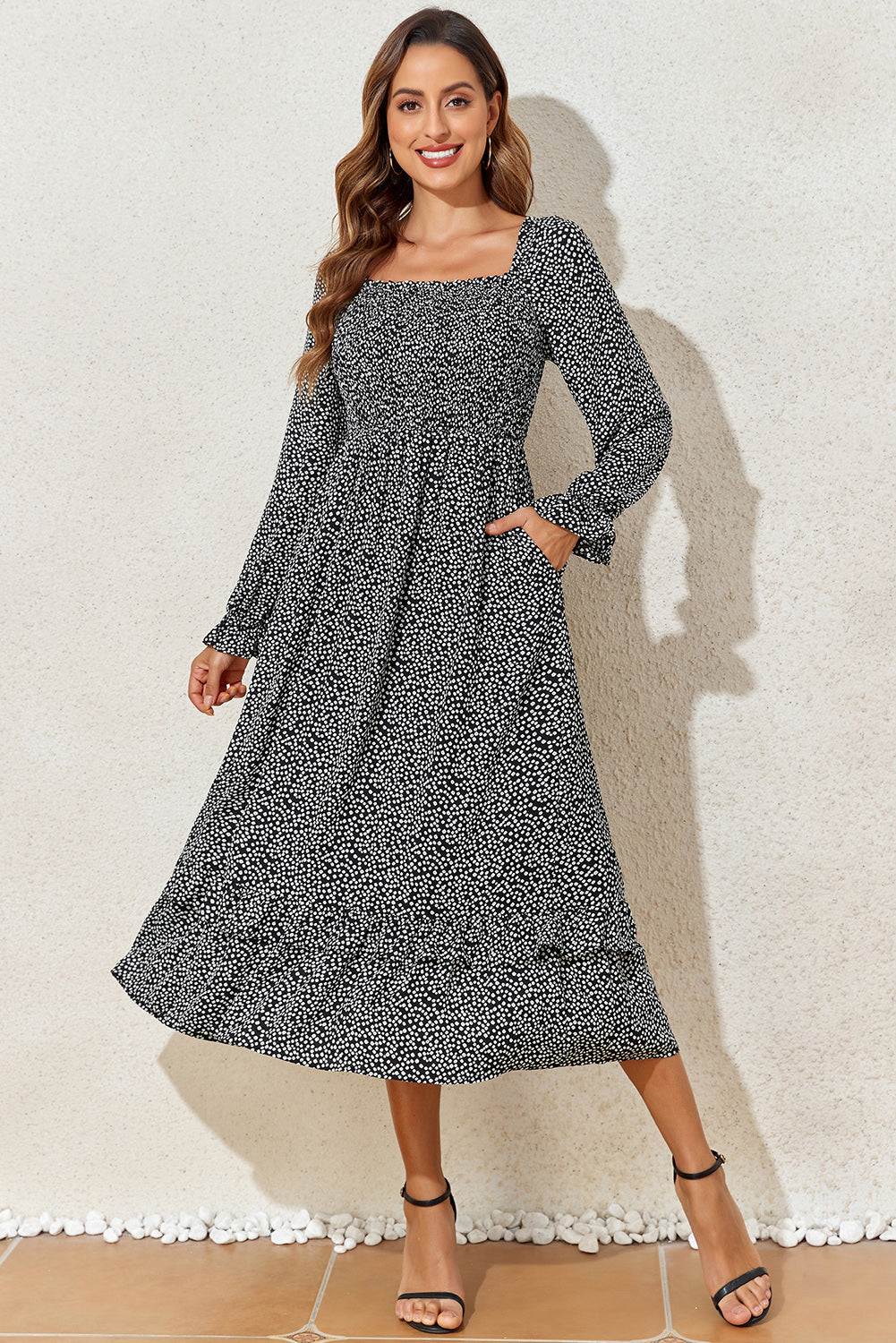 Black Floral Printed Long Sleeve Square Neck Midi Dress