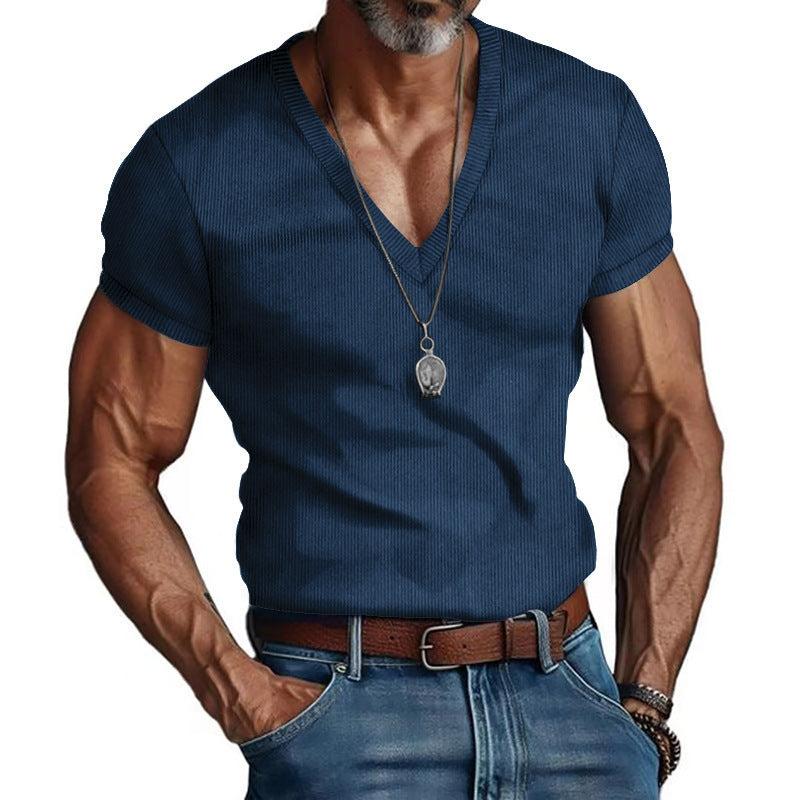 V-neck Solid Color Slim Fit Casual T-shirt Men's Top