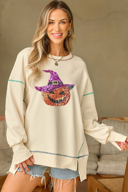 Black Glittering Pumpkin Wizard Graphic Exposed Seam Side Split Halloween Sweatshirt