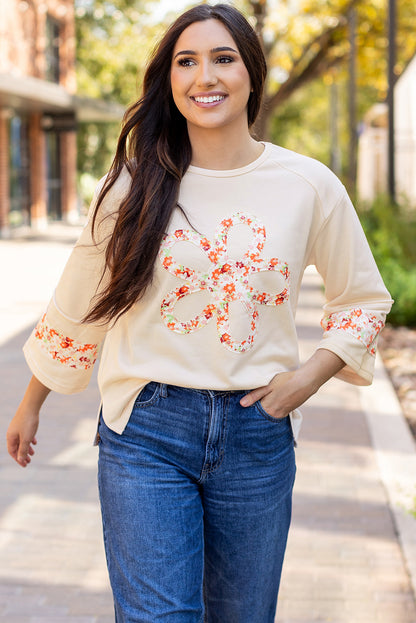 Beige Flower Patch Graphic Exposed Seam Wide Sleeve Top