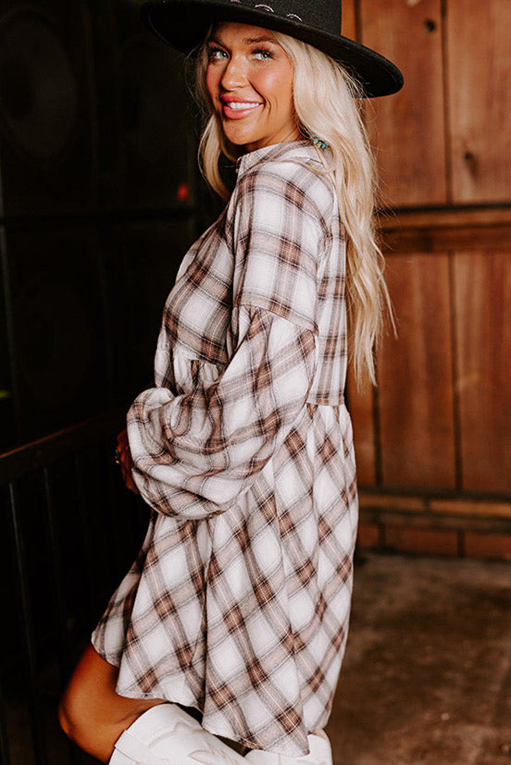 White Plaid Bubble Sleeve Flowy Shirt Dress