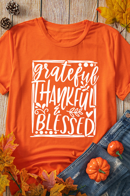 Orange Grateful Thankful Blessed Printed Thanksgiving T Shirt