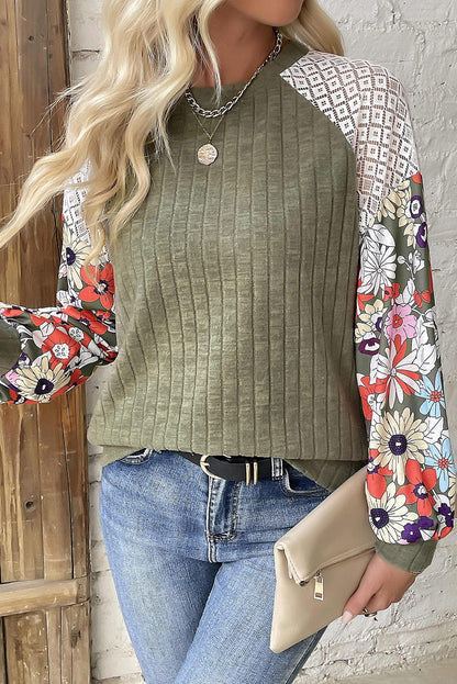 Black Floral Patchwork Long Sleeve Ribbed Blouse