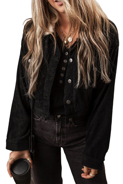 Black Fleece Lined Button-up Collared Corduroy Crop Jacket