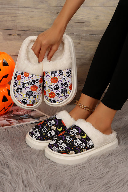 Black Halloween Pumpkin Ghost Print Plush Home Slippers