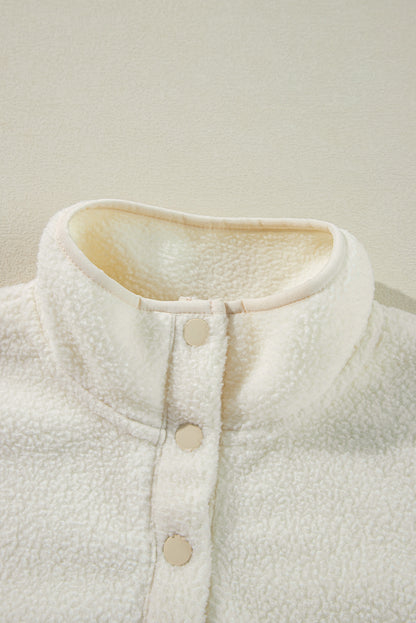 White Fleece Placket Turn-down Collar Drop Shoulder Sweatshirt