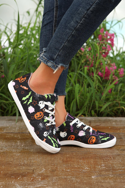 Black Halloween Pumpkin Ghost Print Lace-up Flat Shoes