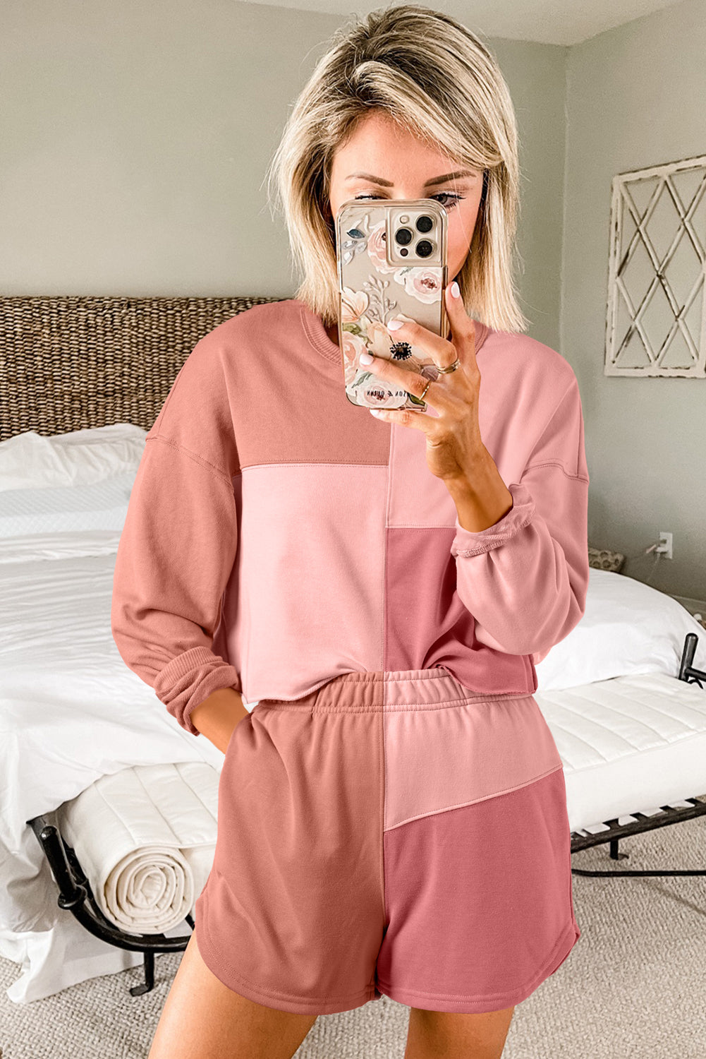 Peach Blossom Colorblock Patchwork Long Sleeve Shorts Outfit