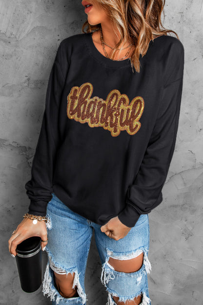 Black Glittering thankful Graphic Drop Shoulder Sweatshirt