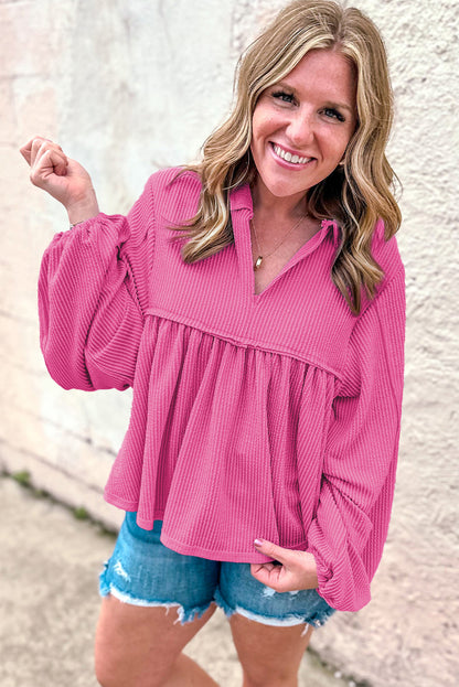 Bright Pink Corded Turn-down V Neck Bubble Sleeve Babydoll Blouse