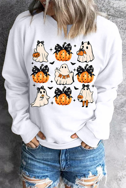 Beige Halloween Ghost Pumpkin Print Crew Neck Sweatshirt