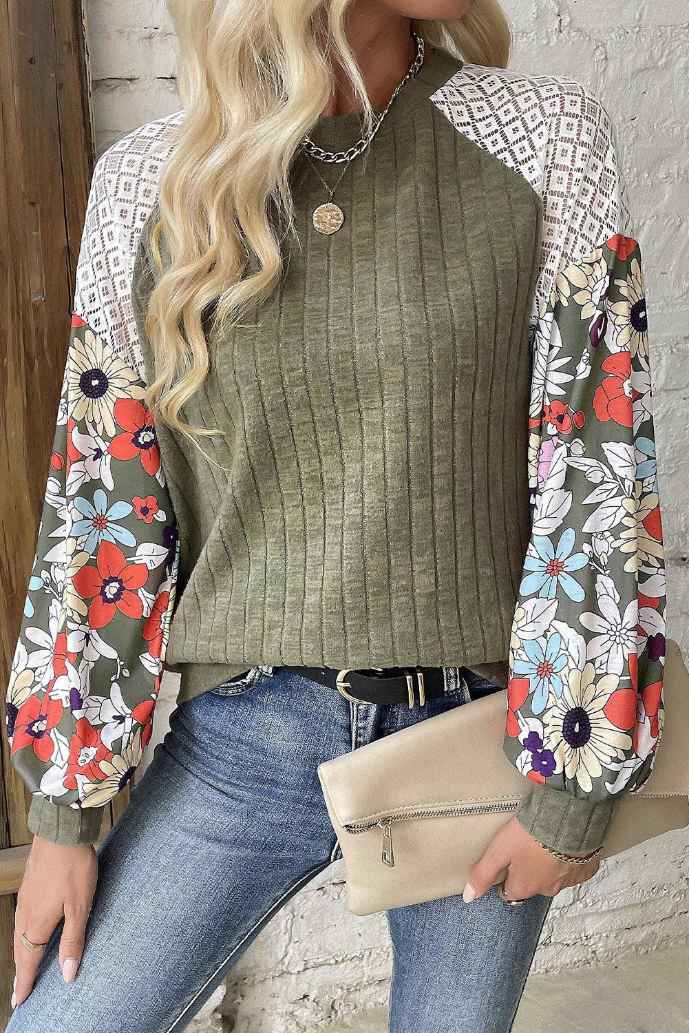 Black Floral Patchwork Long Sleeve Ribbed Blouse