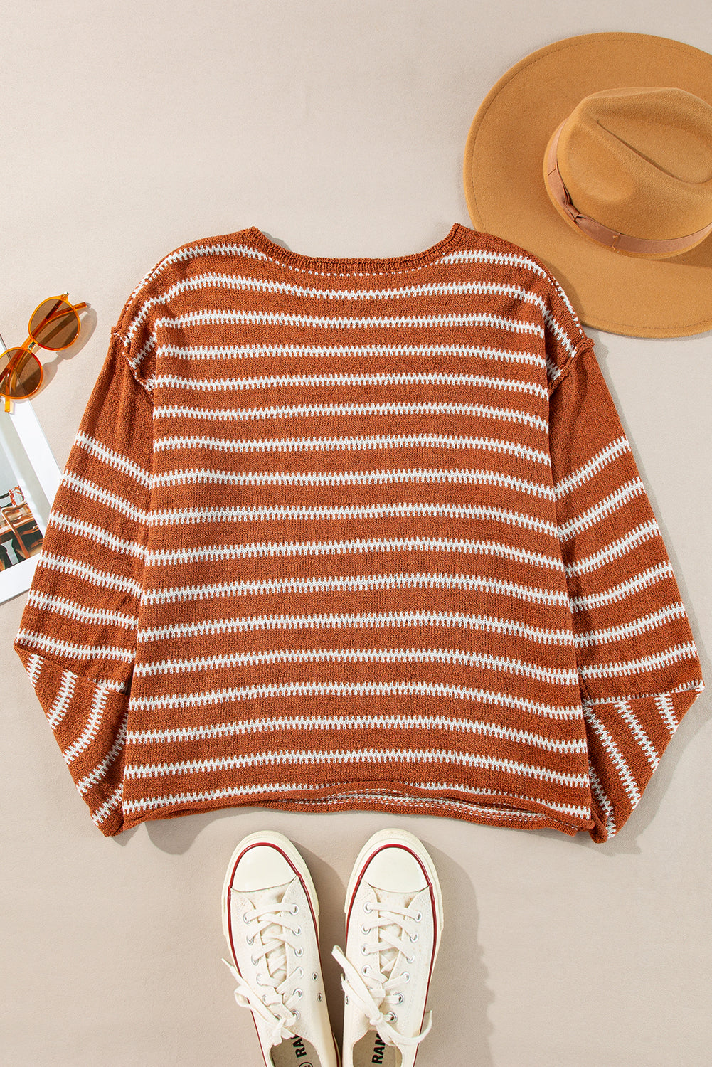 Green Stripe Drop Shoulder Casual Sweater