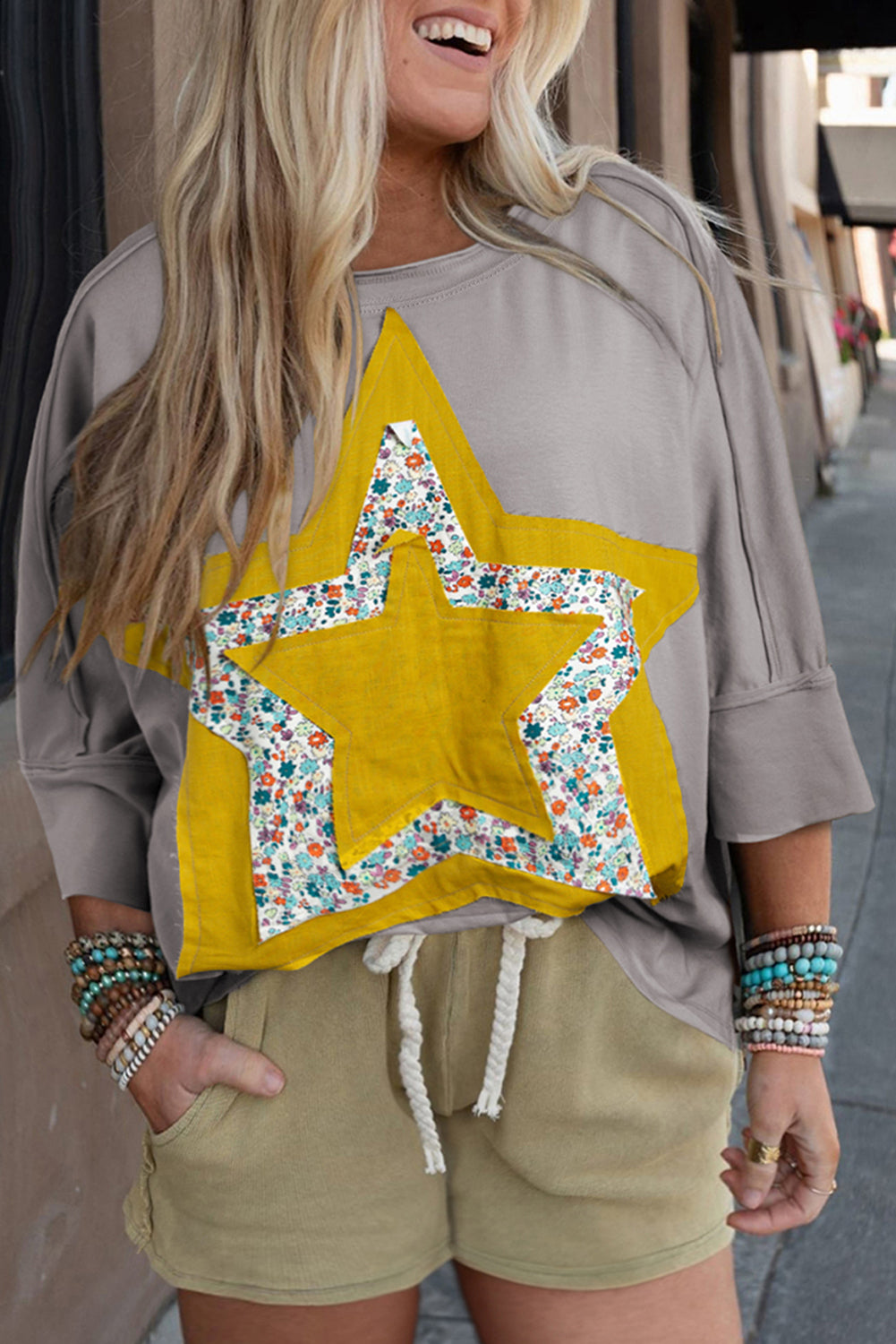 Medium Grey Floral Star Patched Pattern 3/4 Sleeve Plus Size Top