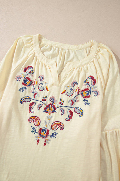 Apricot Paisley Floral Embroidered Notch V Neck Blouse