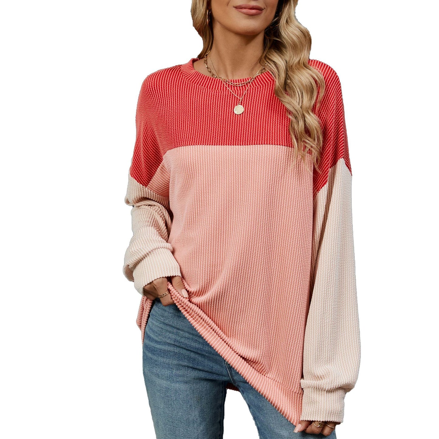 Fashion Contrast-color Round Neck Long Sleeve T-shirt Casual Pullover Top For Womens Clothing