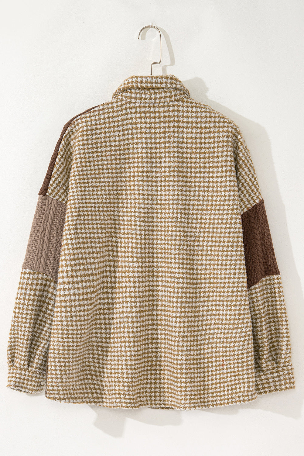 Khaki Houndstooth Color Contrast Textured Patchwork Loose Shacket