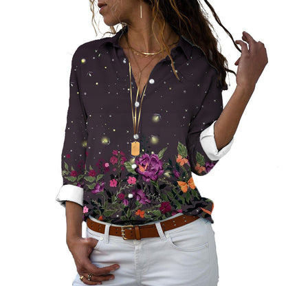 Flower 3D Digital Printing Long Sleeve Lapel Shirt