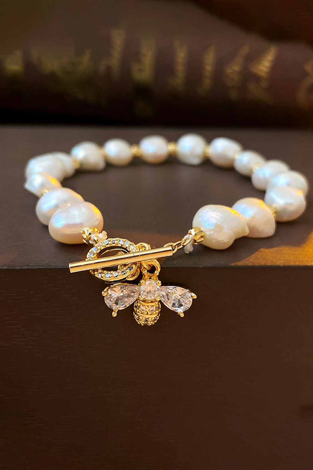 White Vintage Bee Rhinestone Baroque Pearl Bracelet