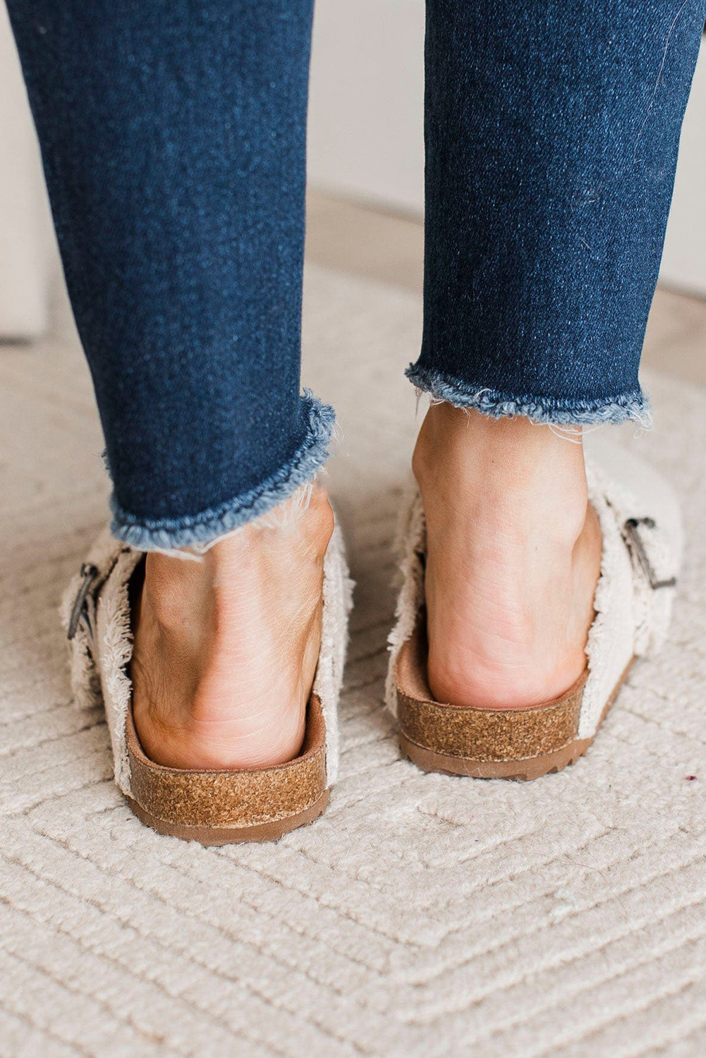 Beige Woven Linen Distressed Buckle Decor Casual Slippers