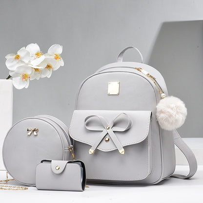 Fashion Women's Bags PU Bow Composite Bag Young Girl Student Cute Shoulders Backpack Crossbody Bags Coin Purse 3pcs Set