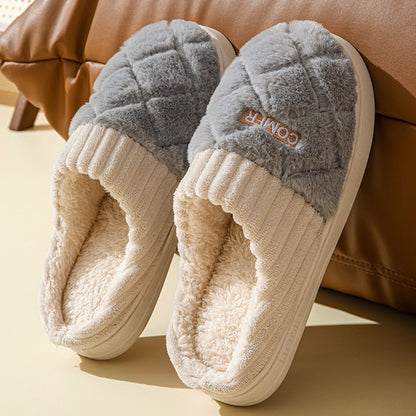 Solid Plush Home Slippers - Winter Warm Non-Slip House Shoes for Couples