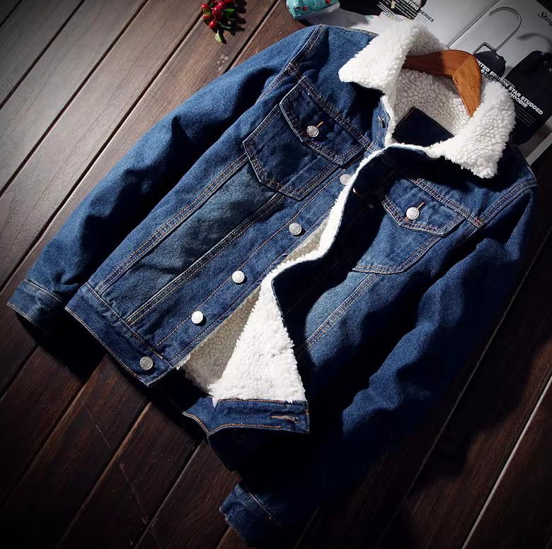 Men's Blue & Black Fur-Lined Cotton Denim Jacket - Streetwear Style