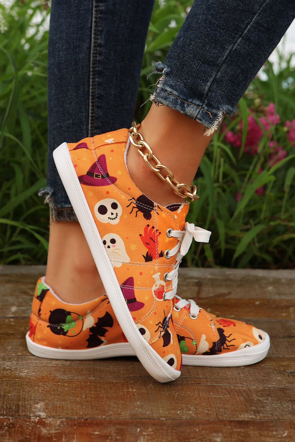 Black Halloween Pumpkin Ghost Print Lace-up Flat Shoes