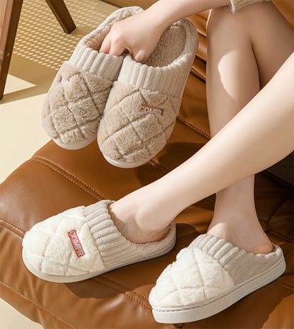 Solid Plush Home Slippers - Winter Warm Non-Slip House Shoes for Couples