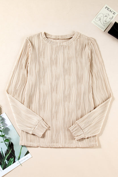 White Textured Wavy Round Neck Long Sleeve Top