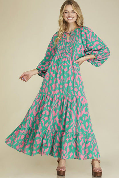 Sky Blue Abstract Print Puff Sleeve Tied Notched Neck Long Dress