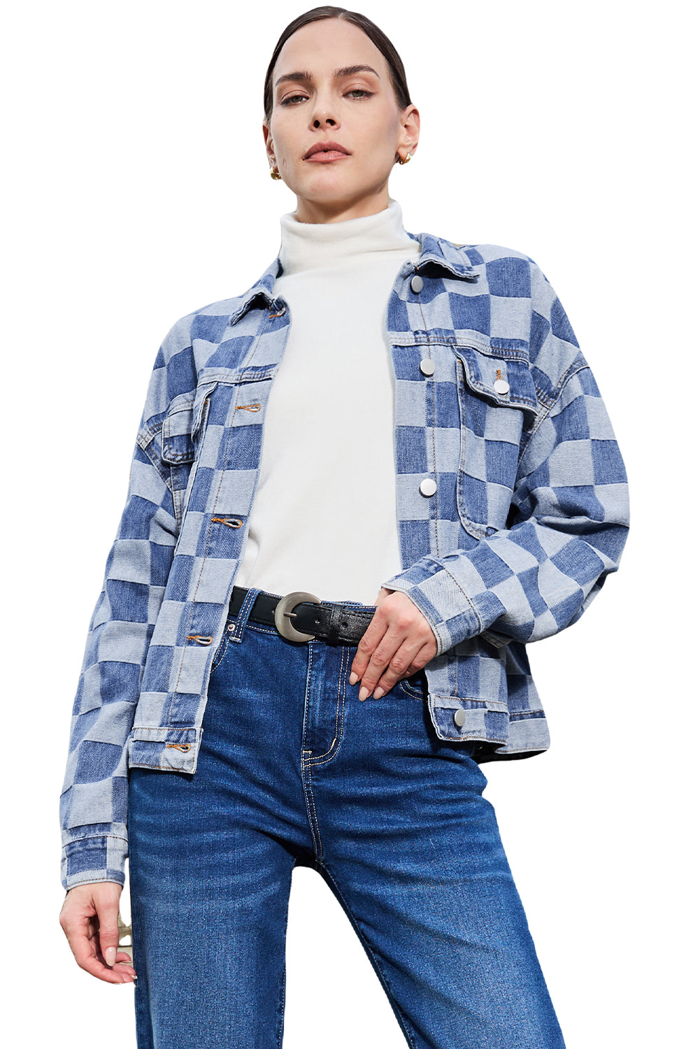 Black Checkered Patchwork Button up Denim Jacket