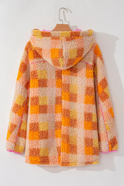 Orange Checkered Sherpa Hooded Jacket