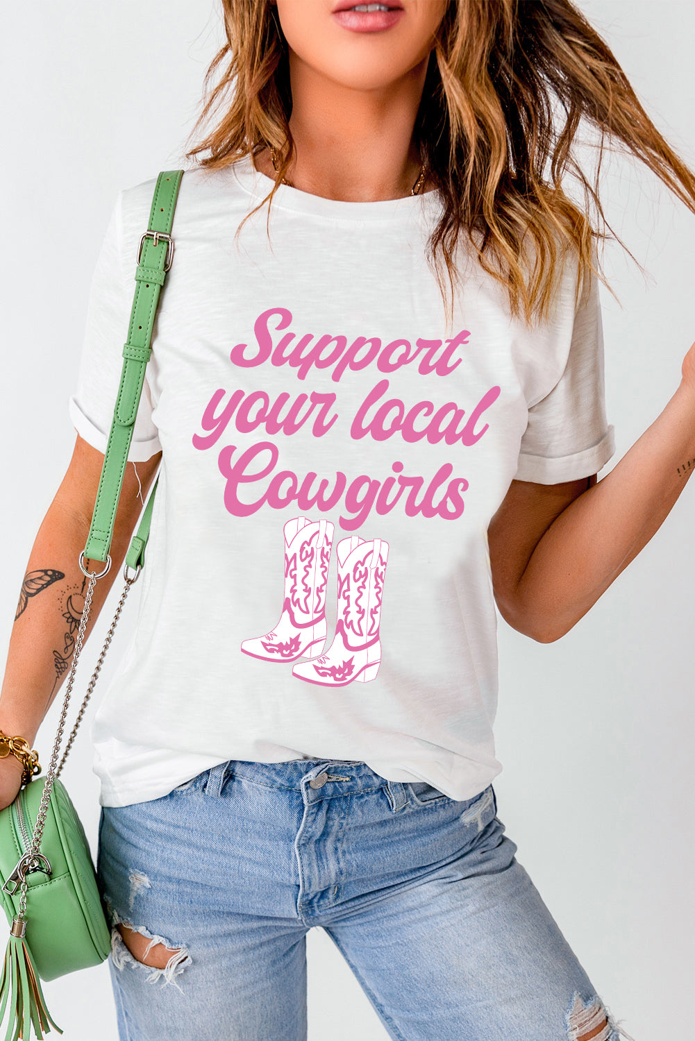 White Support Your Local Cowgirls Boots Print Crewneck Tee