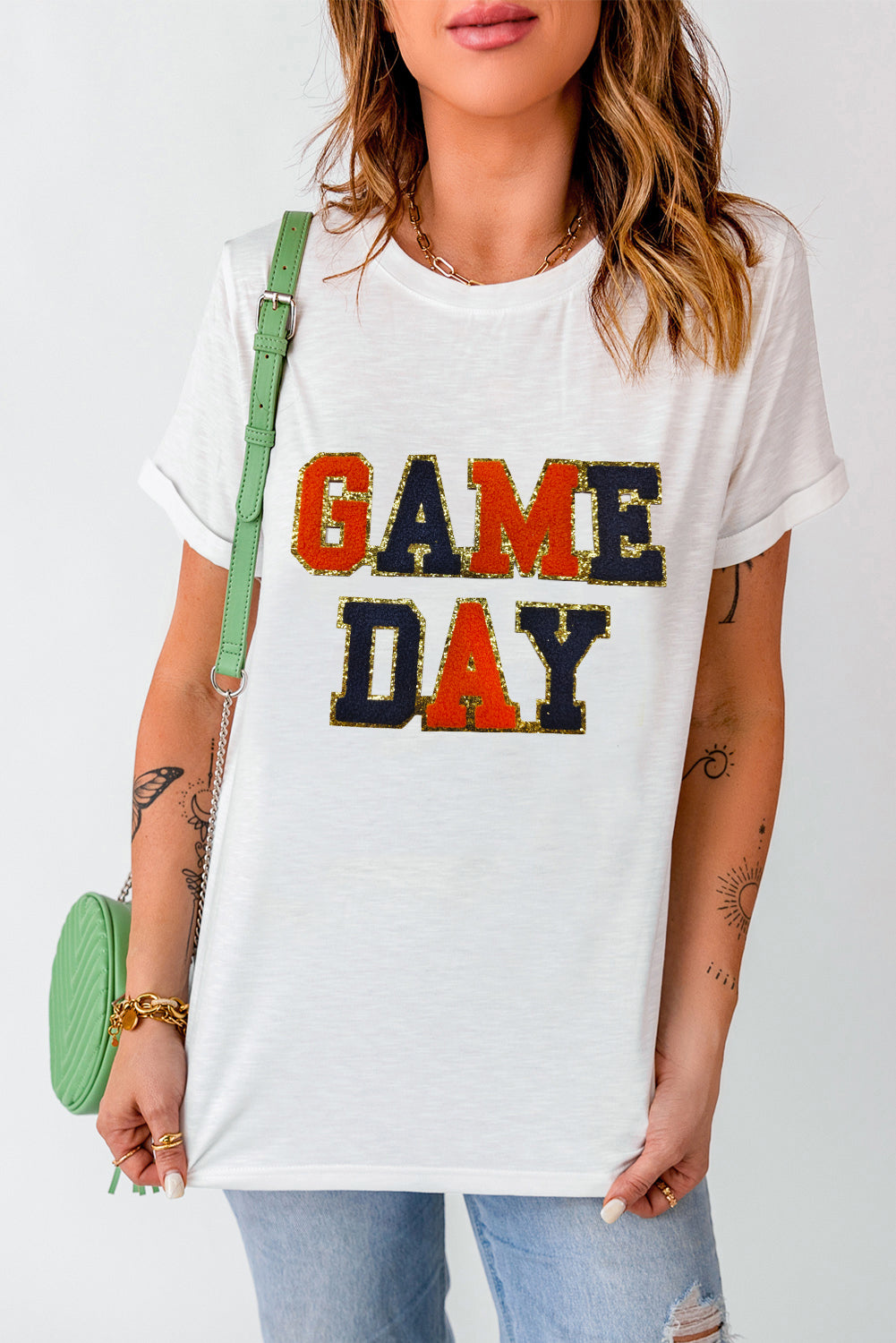 White Glitter GAME DAY Rugby Football Season Round Neck T Shirt