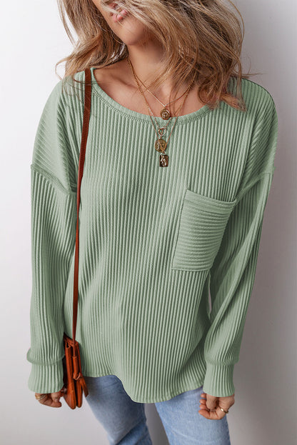 Apricot Solid Color Corded Drop Shoulder Long Sleeve Top