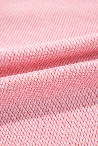 Pink Ribbed Knit Collared Henley Top with Chest Pocket