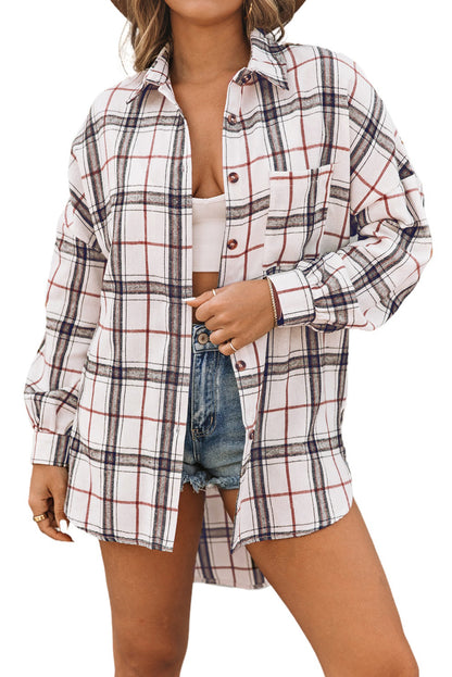 White Oversized Plaid Pattern Shacket with Slits