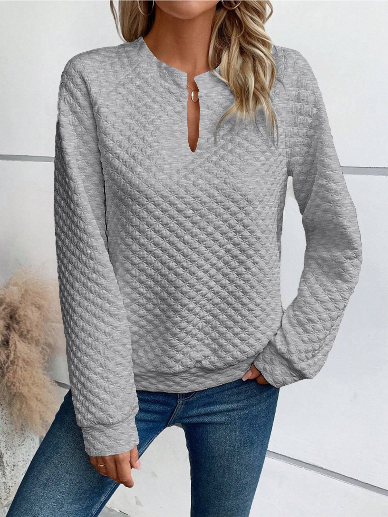 Fashion V-neck Long-sleeved T-shirt French Style Casual Solid Color Plaid Sweatshirt Top Womens Clothing