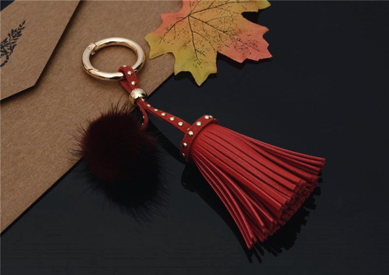 Mink Fur Rivet Tassel Keychain