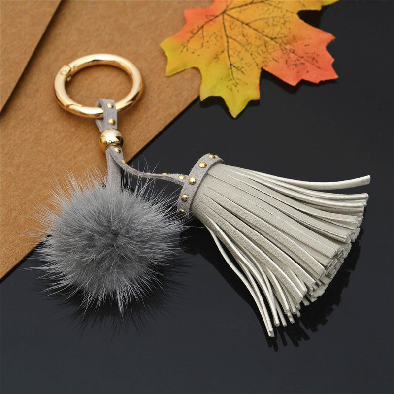 Mink Fur Rivet Tassel Keychain