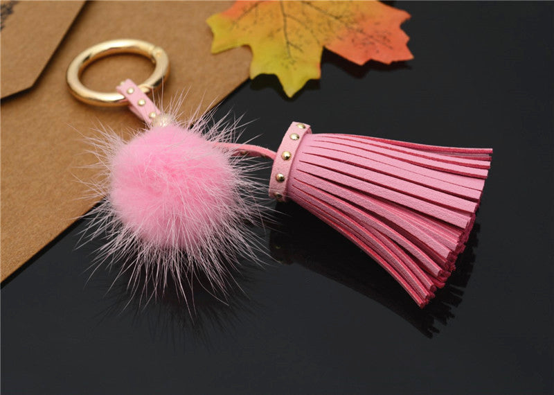 Mink Fur Rivet Tassel Keychain